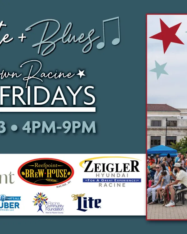 Racine First Friday — Red, White + Blues event flyer