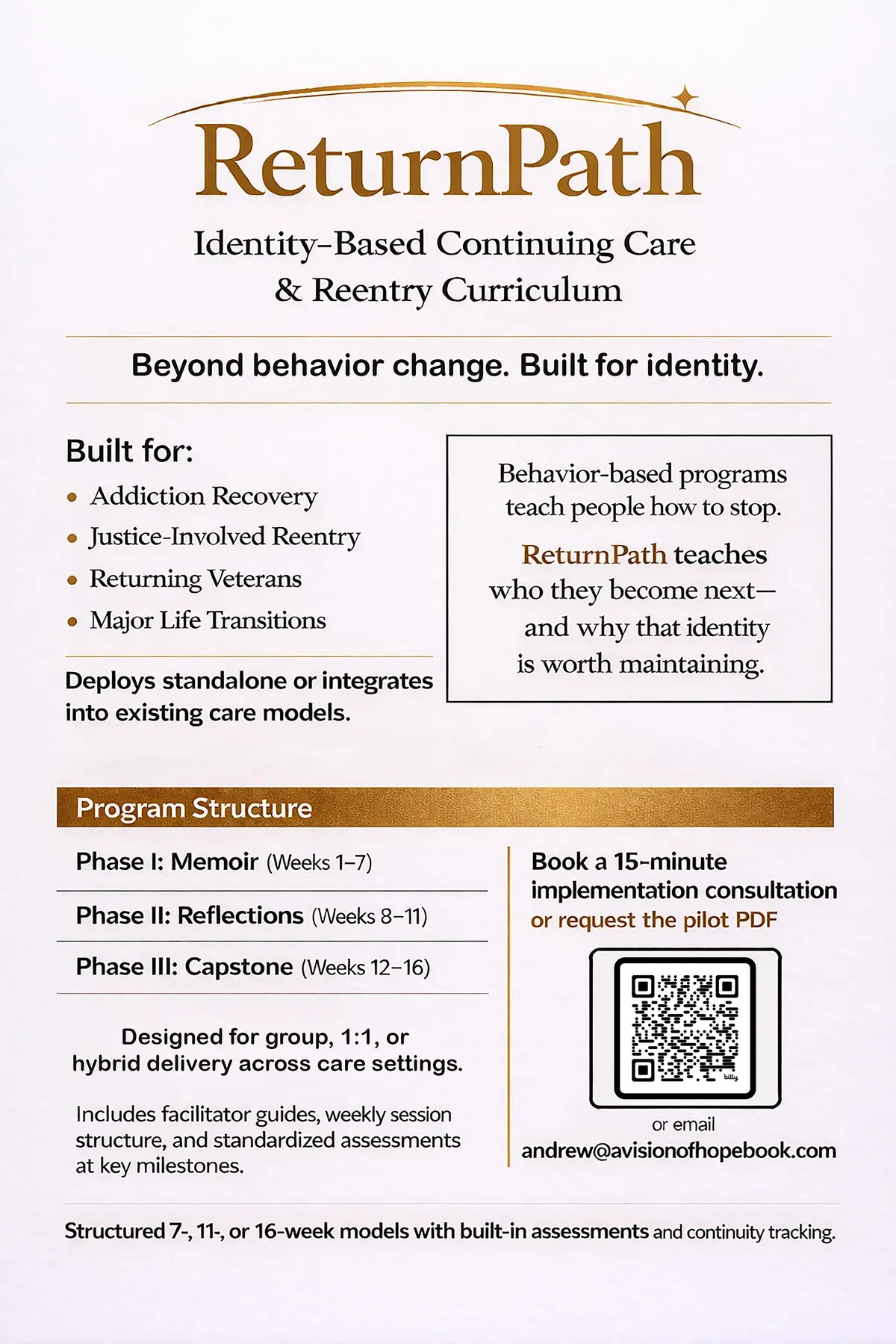 ReturnPath foam board — identity-based continuing care and reentry curriculum with program structure and phases
