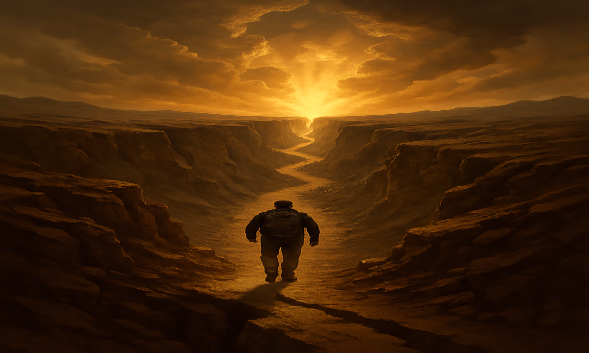 Backpacker walking a canyon path toward bright golden light between steep rock walls.