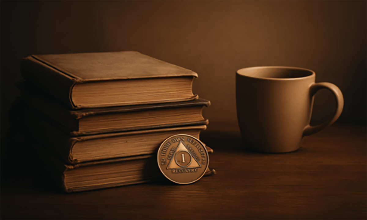 Stack of hardcover books beside a one-year AA recovery medallion and a beige mug on a wooden table.