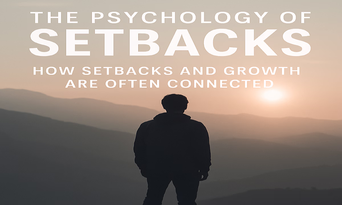 Silhouette of a person facing a sunrise over mountain ridges under the words The Psychology of Setbacks.