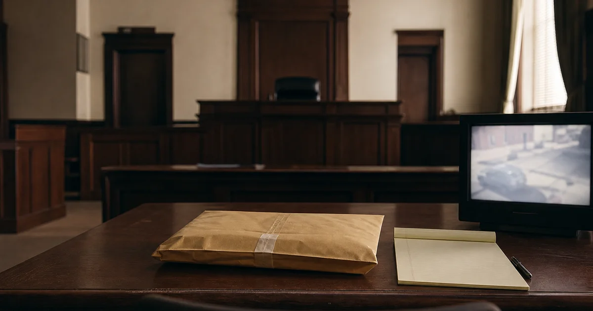 From a courtroom counsel table, a sealed manila evidence envelope and blank legal pad sit beside a small monitor showing a grainy, unidentifiable paused street scene, with the empty judge's bench beyond.
