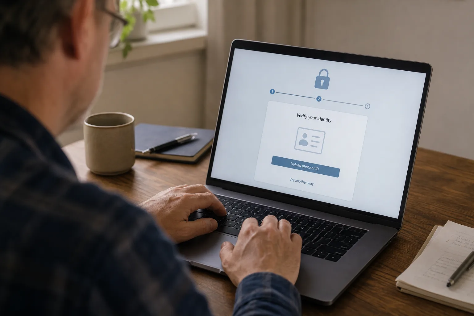 A person at a desk types on a laptop showing a locked-account identity verification screen in soft natural light.