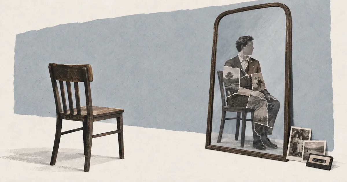 Cut-paper collage. An empty wooden chair stands at left. At right, a leaning full-length mirror holds a seated figure assembled from torn sepia photographs: a portrait, a landscape, a family snapshot. Two vintage snapshots and a cassette tape rest against the mirror's base.