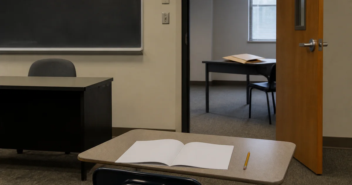 An empty exam room with a blank test booklet on a desk and an empty proctor chair; an open door shows a manila folder on a desk in the next room.