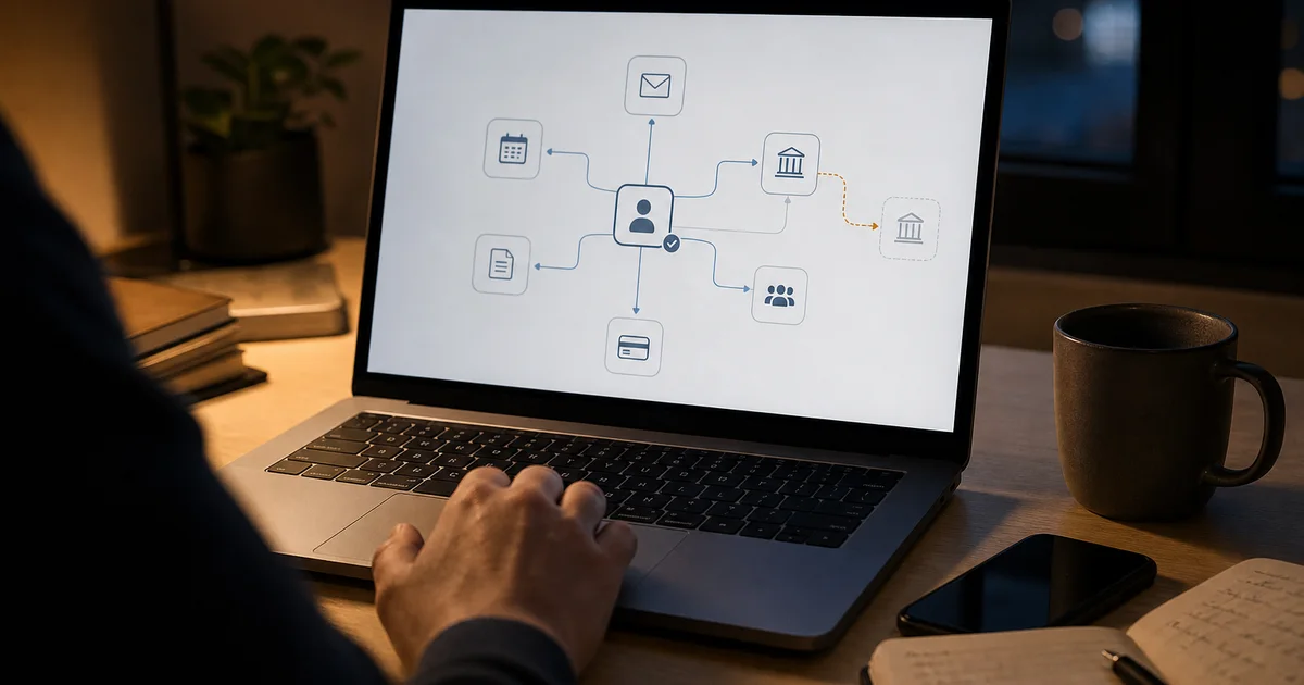 A person grants digital permissions across email, records, scheduling, vendor, and payment workflows, with one compromised link in the chain.