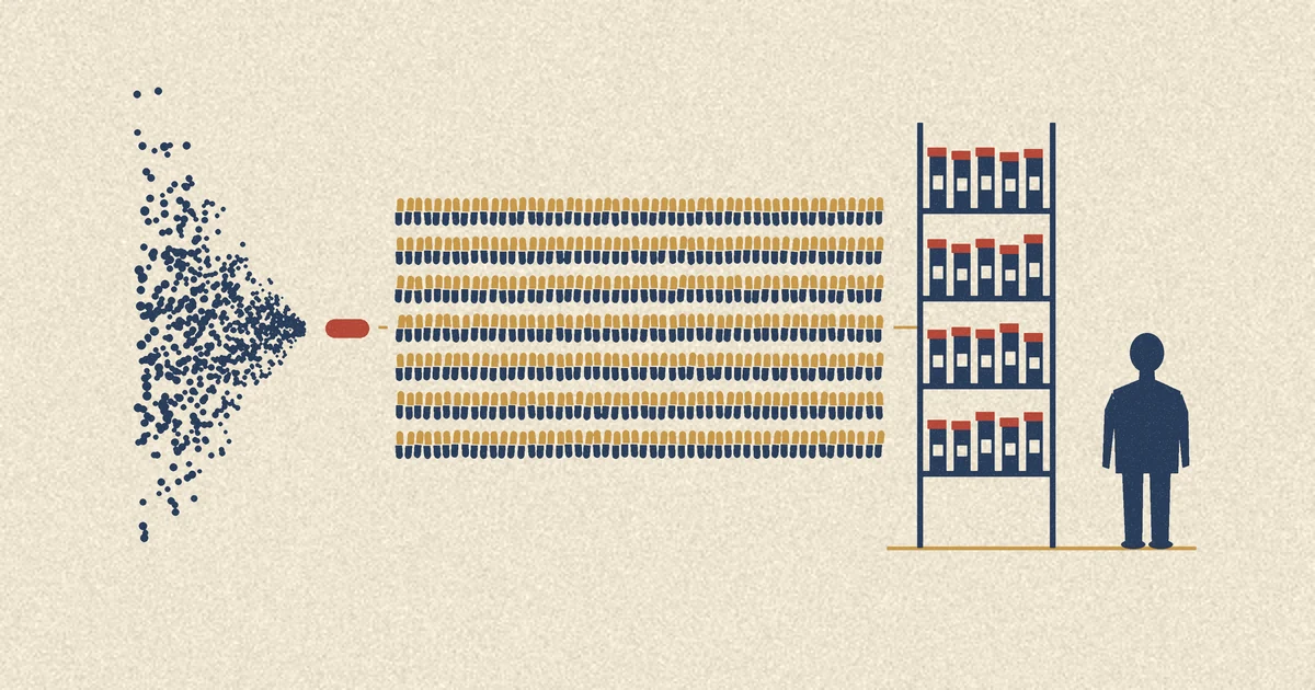 Flat screen-print illustration: a wide scatter of dots narrows to a single red capsule, which leads into a long grid of a year of daily two-tone capsules, then to a fully stocked medicine shelf with one person standing a few steps away from it.