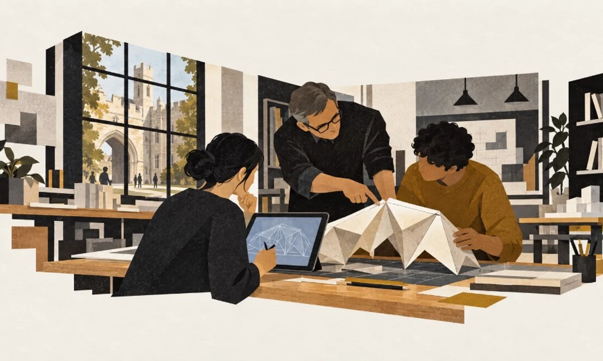 Three people build a paper model together at a studio table: one draws the structure on a tablet, a professor points at the model, and a student holds it, with a campus quad visible through the window.