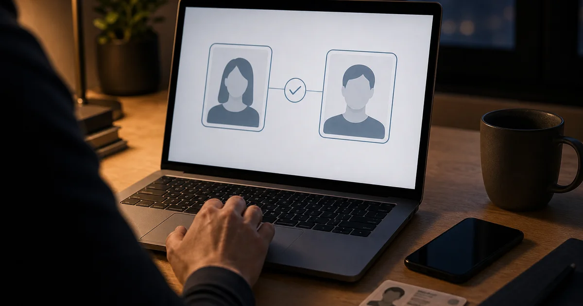 Over a desk, a laptop shows two matching portrait frames with a subtle checkmark while a government ID card and phone rest nearby.