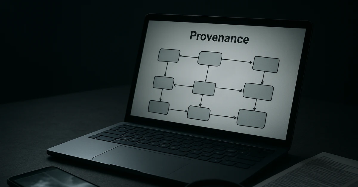 Dimly lit desk with a laptop showing a schematic labeled 'Provenance' and connected shapes; a smartphone, an envelope with a wax seal, a magnifying glass, and a tablet sit nearby on the desk.
