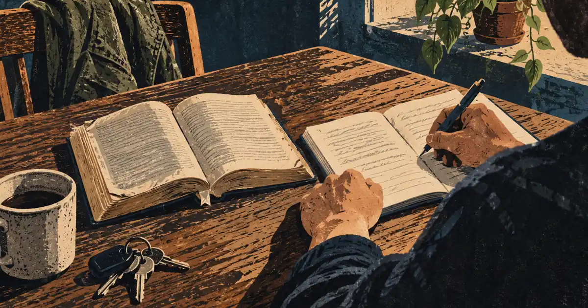 Hands write in an open notebook on a wooden table, next to an open book. A mug, a set of keys, a plant, and a jacket on a chair are nearby. The book and notebook pages show only scribble lines, with no readable words.