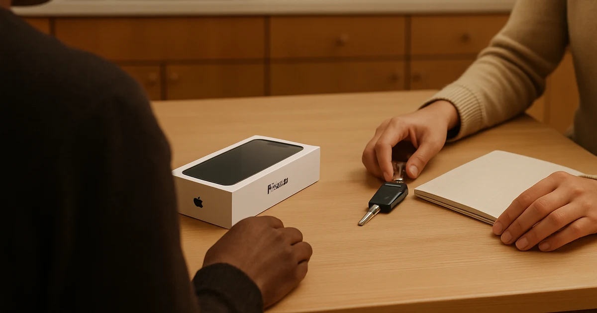 Two people sit at a wooden table in a kitchen-like setting. One person hands a key fob to the other across a notebook, while a boxed iPhone sits on the table beside the box.