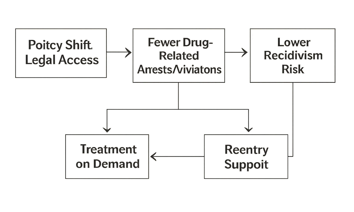 Clean labeled flow diagram showing policy shift leading to fewer arrests, then to lower recidivism risk, with branches to Treatment on Demand, Reentry Support, and Prison-Release Overdose Risk, plus downstream connections to Housing/Employment pathways.