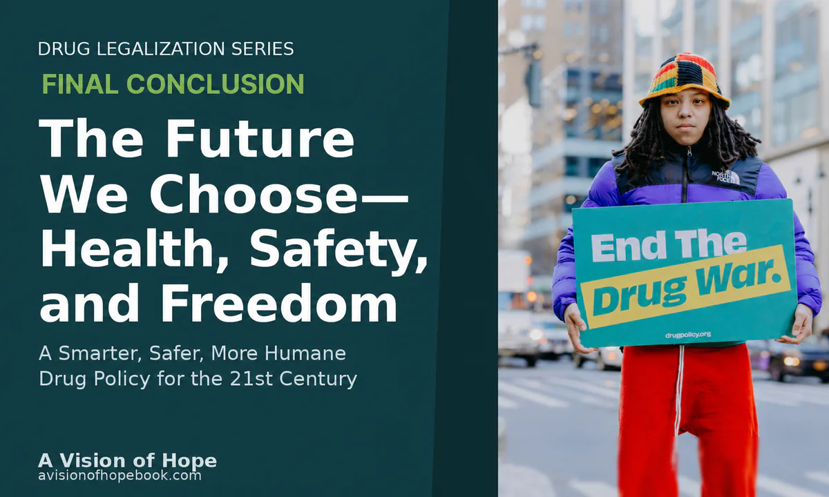 Drug Legalization Series Final Wrap-Up title card beside a person on a city street holding an End The Drug War sign.