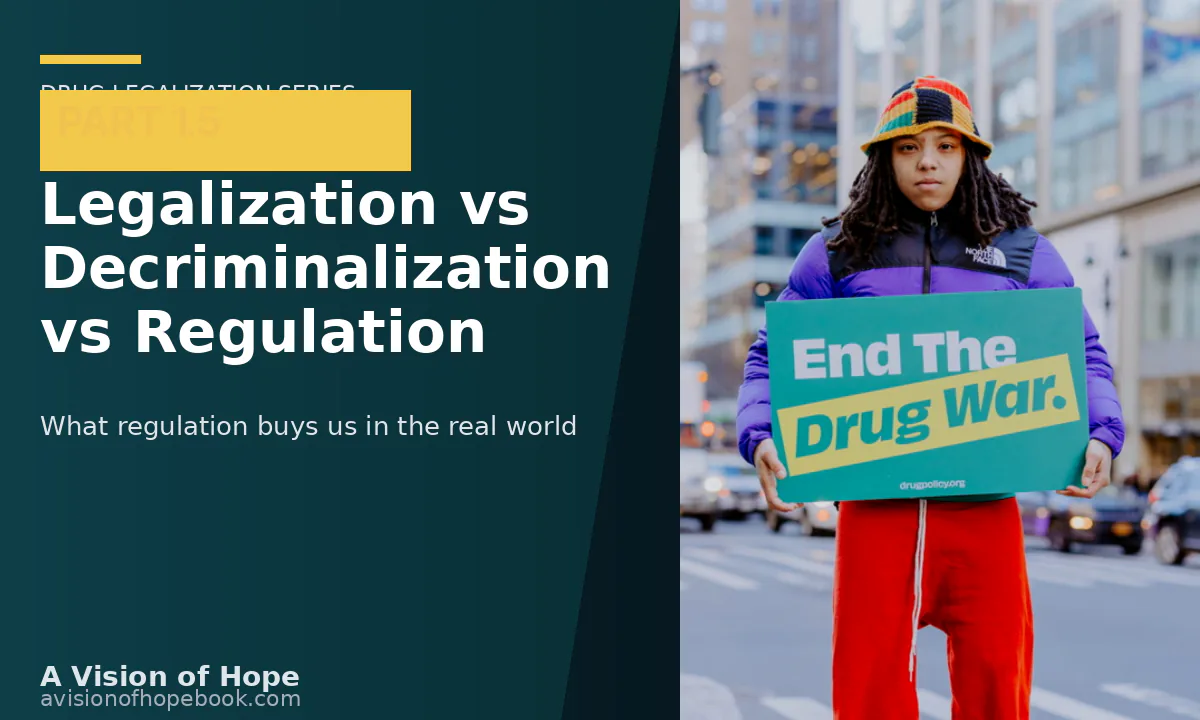 Drug Legalization Series Part 1.5 title card beside a person on a city street holding an End The Drug War sign.