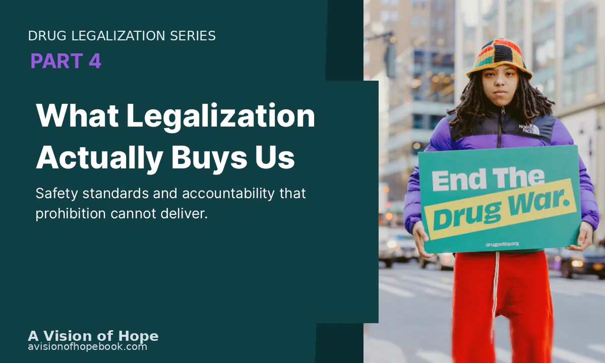 Drug Legalization Series Part 4 title card beside a person on a city street holding an End The Drug War sign.