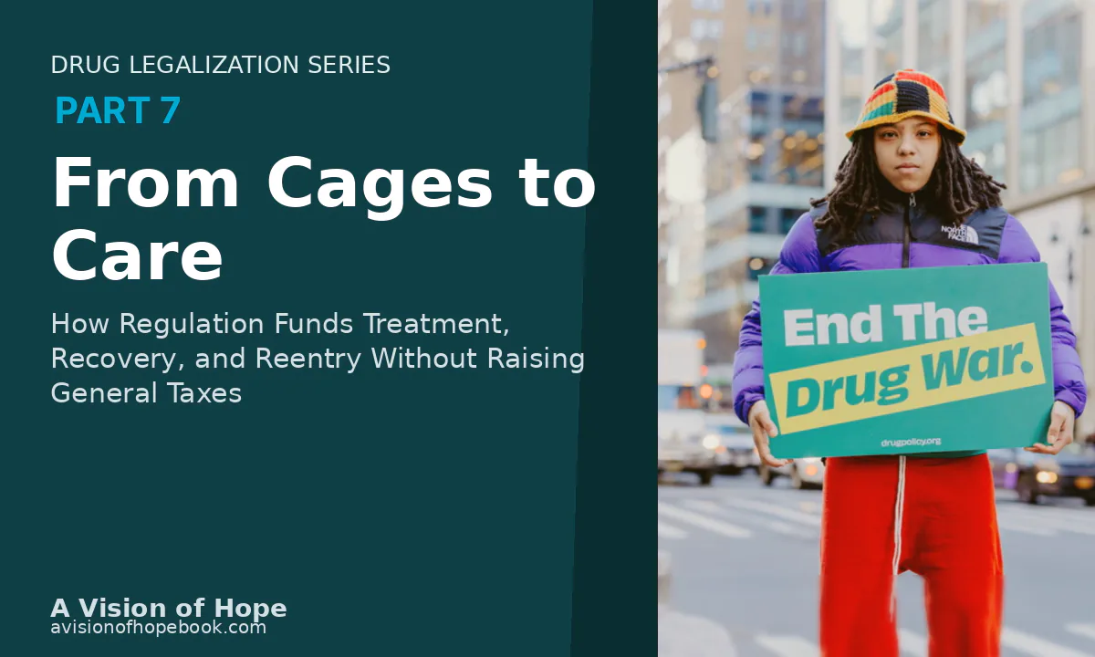 Drug Legalization Series Part 7 title card beside a person on a city street holding an End The Drug War sign.