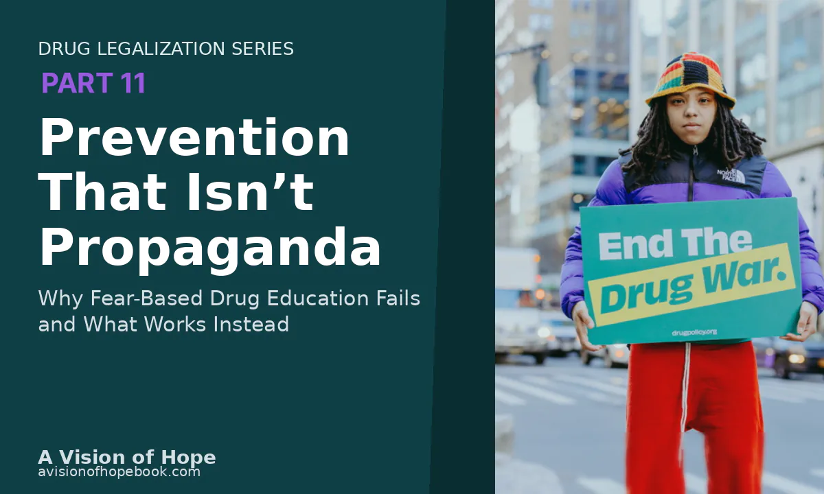 Drug Legalization Series Part 11 title card beside a person on a city street holding an End The Drug War sign.