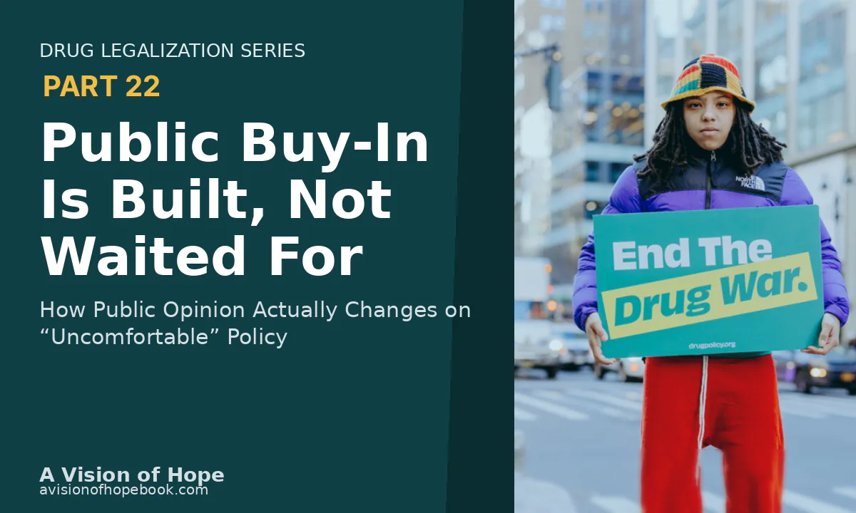 Drug Legalization Series Part 22 title card beside a person on a city street holding an End The Drug War sign.