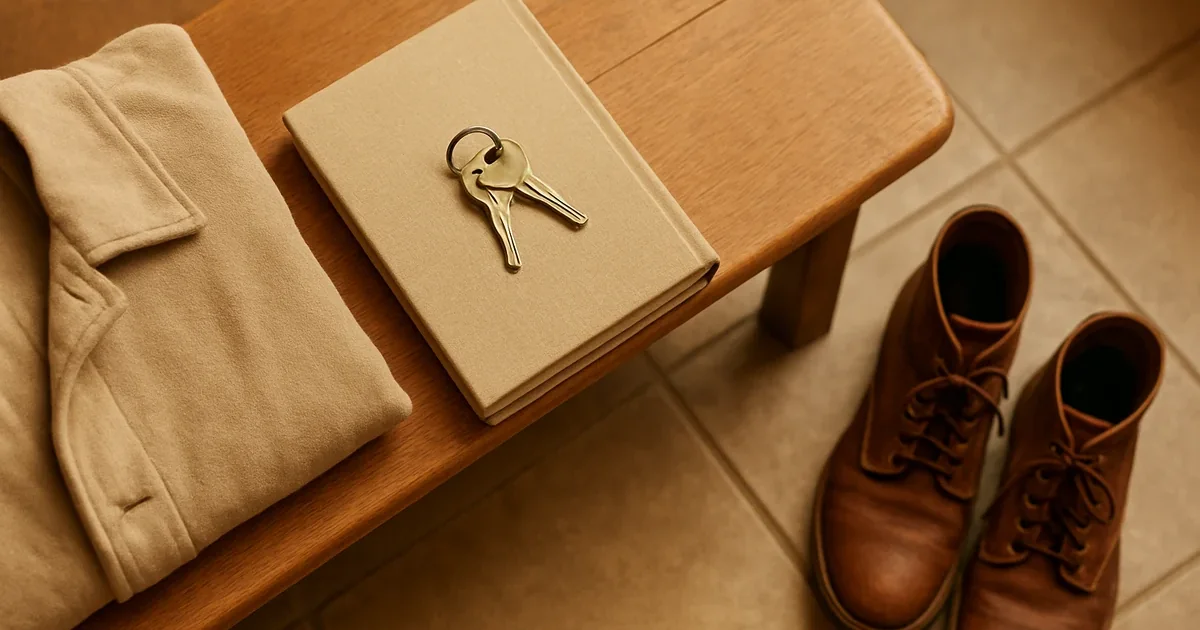 A warm, softly lit entryway scene with a beige-clad book bearing a key ring on its cover, a folded jacket draped beside it, and brown lace-up boots nearby.