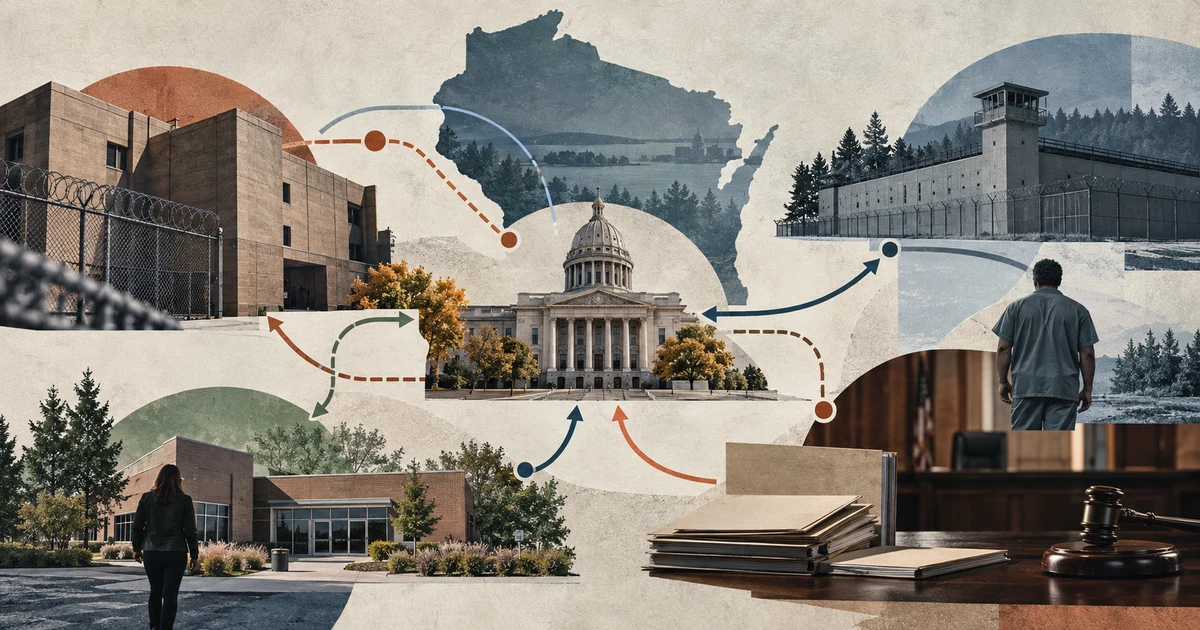Editorial collage mapping Wisconsin's justice system through the state capitol, correctional facilities, community settings, court imagery, and directional paths across a Wisconsin silhouette.