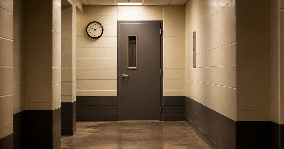 Empty institutional corridor with a metal door and a wall clock, suggesting the waiting and paperwork of Wisconsin custody and supervision.