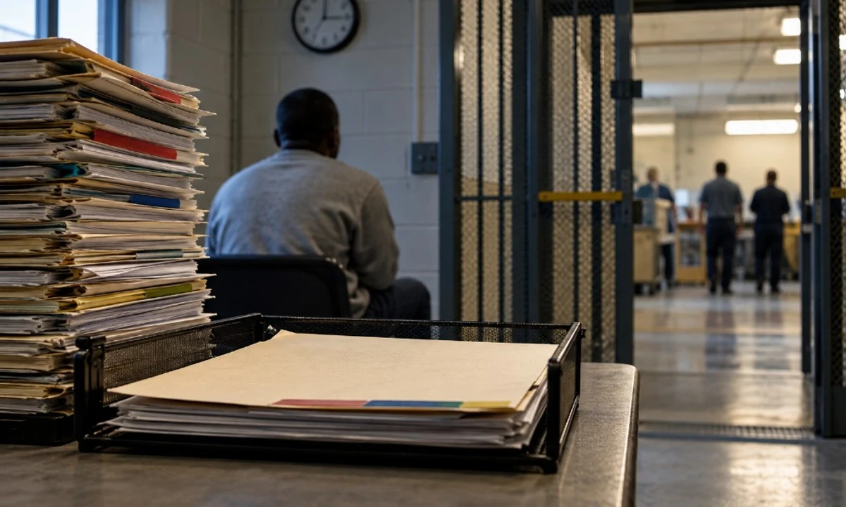 Tall stack of case folders on a desk in the foreground, a person waiting in a chair facing an open barred institutional gate, with a clock on the cinderblock wall and a bright hallway beyond.