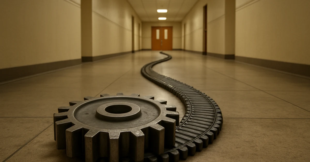 A large interlocking gear dominates a fluorescent institutional hallway, visualizing prison-system pressure being transferred from one bottleneck to another.