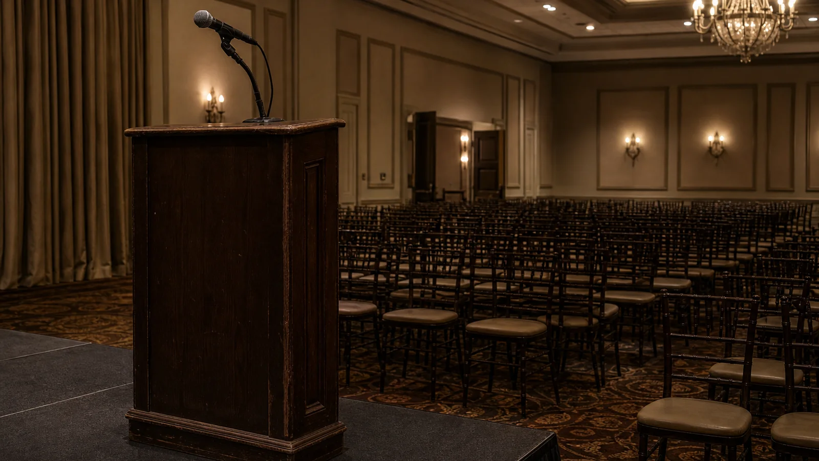 Empty fundraising podium and chairs after the room has cleared: the cost of a story told for the audience, not for the narrator.