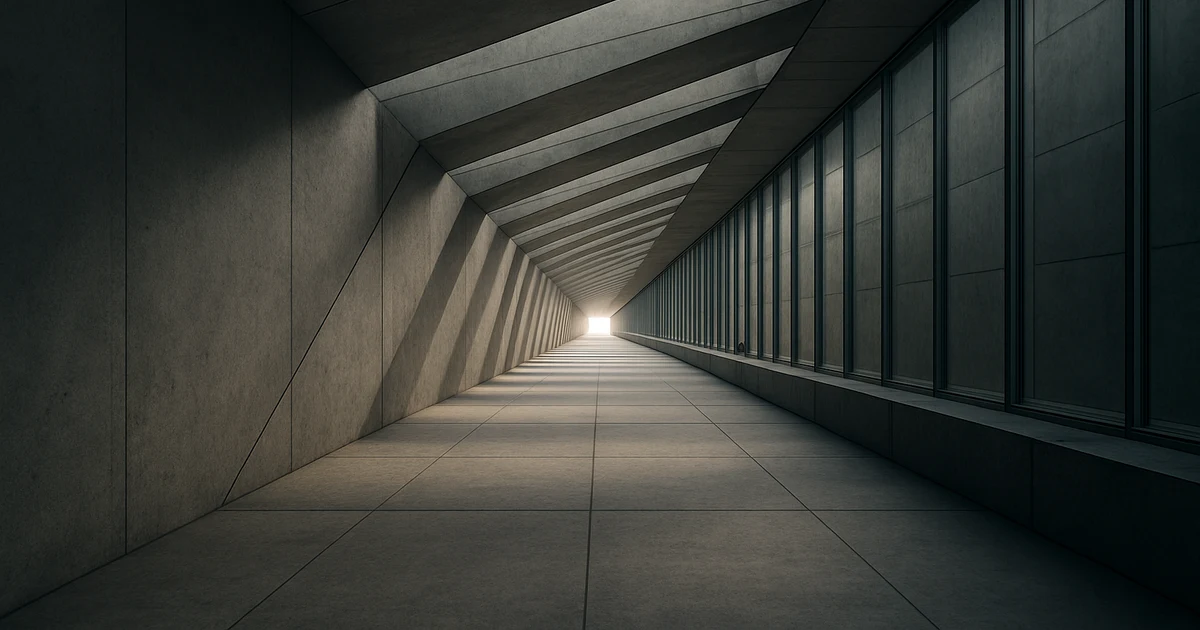 Long concrete architectural corridor with diagonal light shafts converging toward a bright exit at the end of the tunnel.