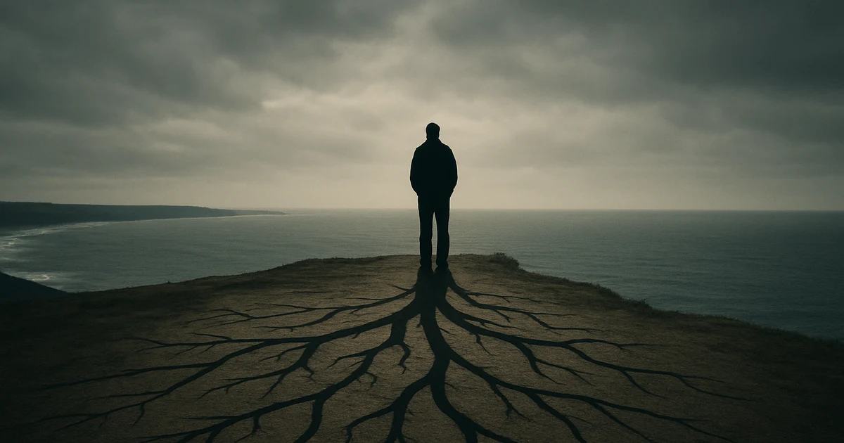 A solitary silhouette stands on a windswept hill near the sea, with dark, tree-like shadows radiating from the figure’s feet across the ground toward the foreground.