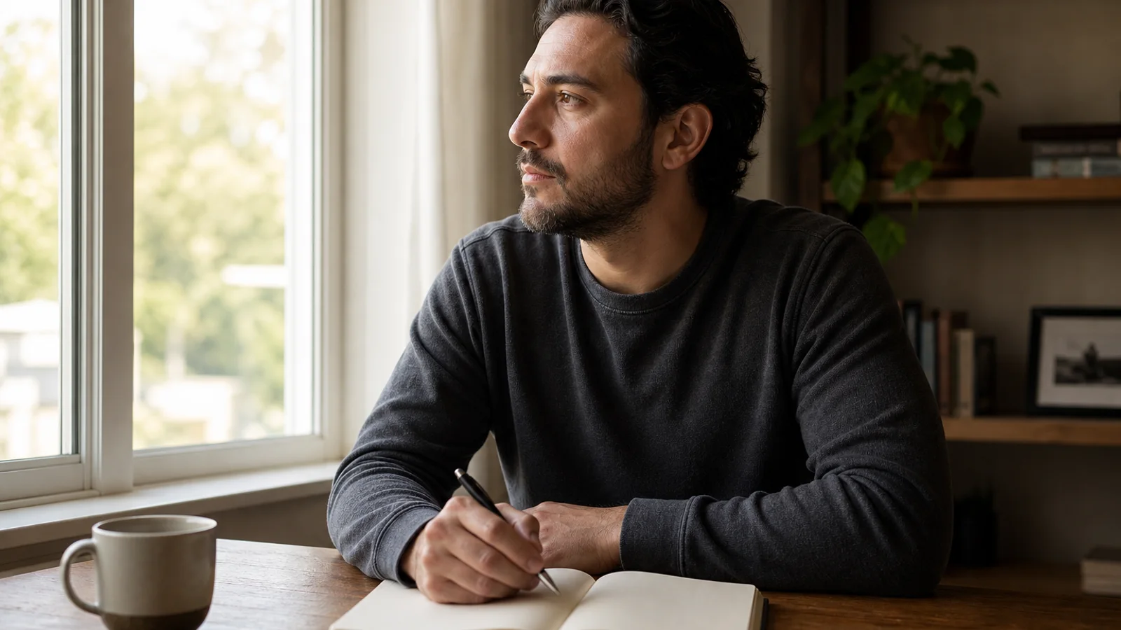 A person writing in a notebook at a simple desk, pausing to think: rewriting the story of who they are.