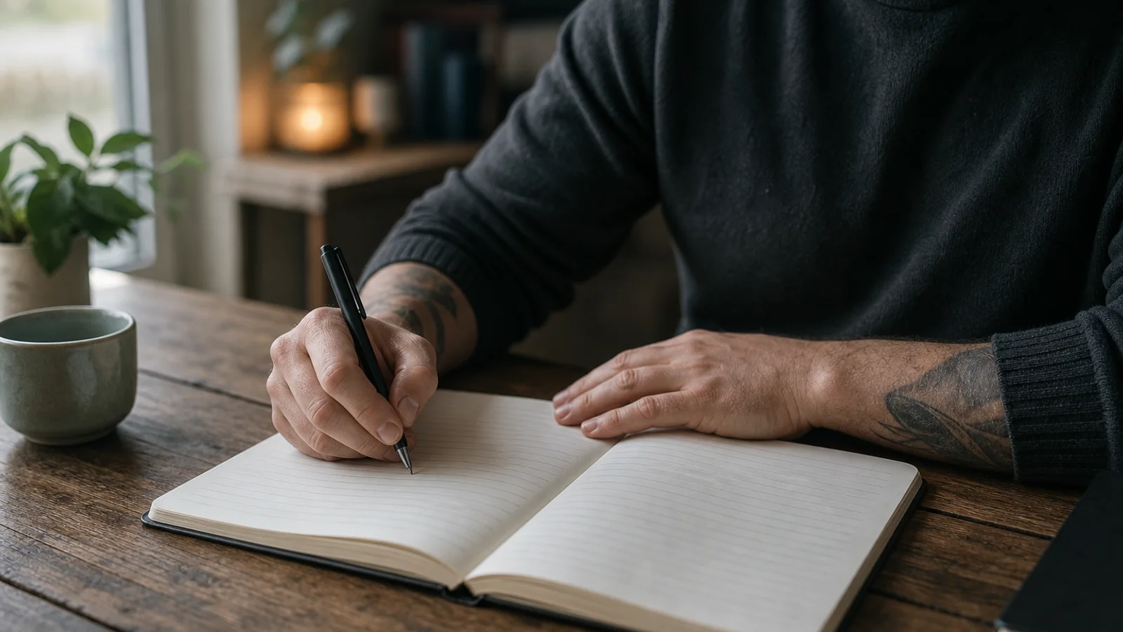 Hands writing in an open workbook on a wooden table: daily guided writing for recovery practice.