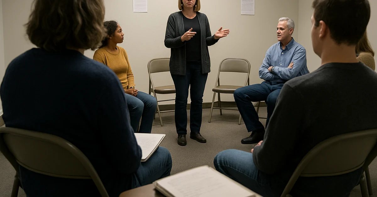 A facilitator stands and gestures in a plain meeting room while grief group members listen from folding chairs arranged in a circle; open notebooks rest on a lap and on a small table in the foreground.
