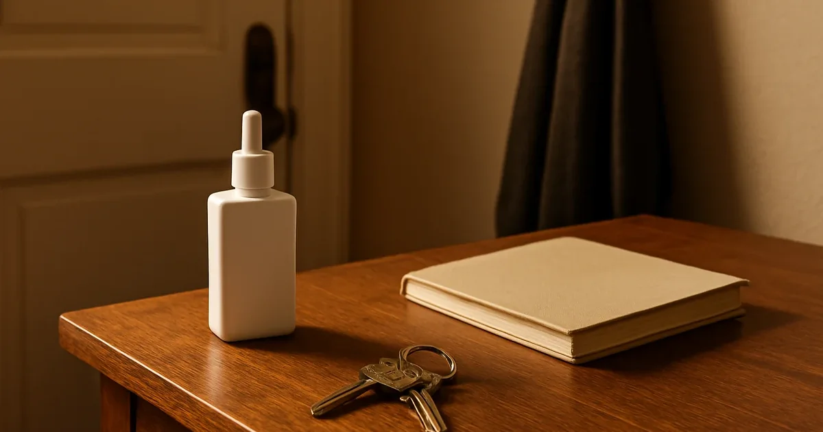 Photo of a wooden console with a white unbranded naloxone kit, a set of keys on a ring, and a blank notebook on a warm-toned table; door edge and coat hook partly visible in the background.