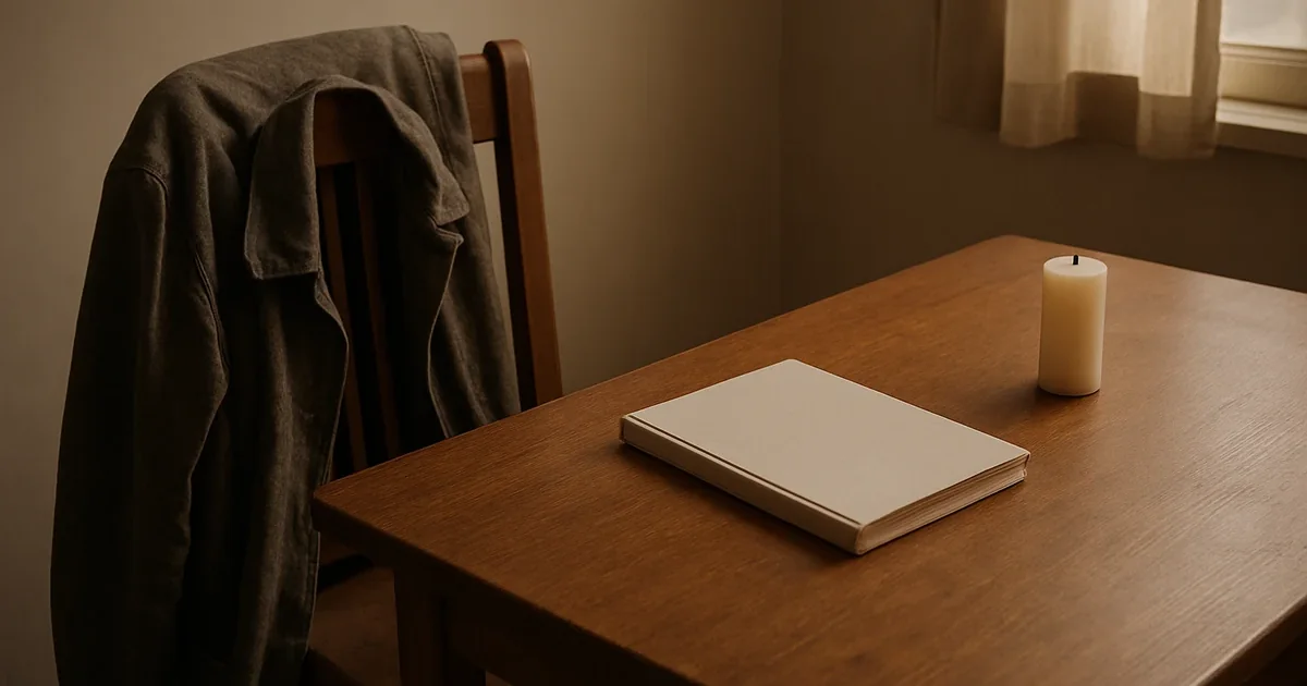 An empty wooden chair with a jacket draped over its back sits beside a wooden table. On the table is a closed notebook and an unlit candle, all bathed in warm, soft light.