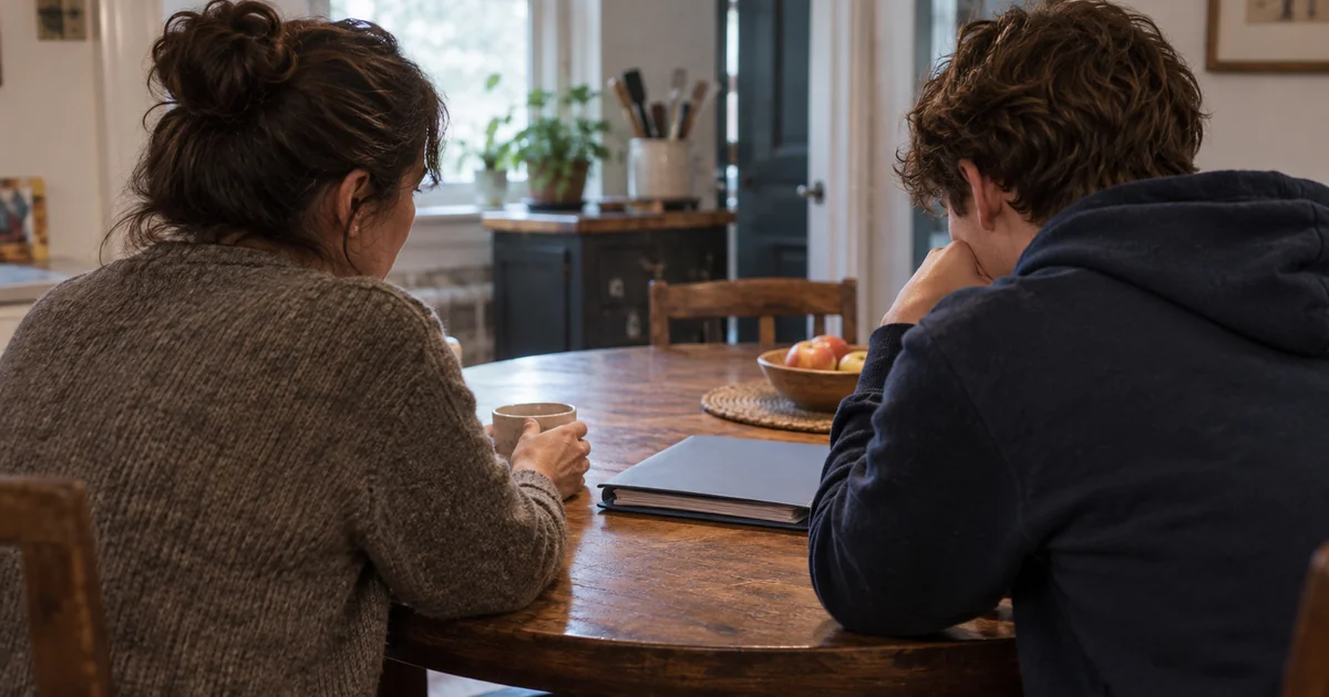 A woman and a young man sit side by side at a wooden kitchen table, seen from behind. She holds a coffee mug, he rests his chin on his hand, and a closed binder sits on the table between them.