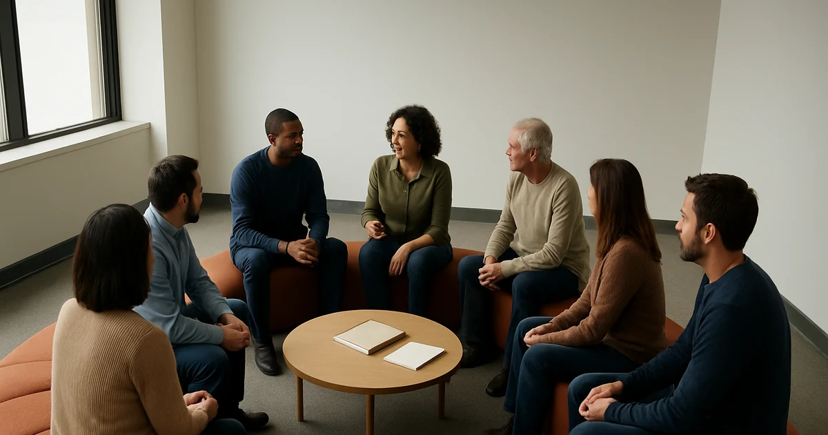 A diverse group of adults sits in a circle on modular orange benches around a round wooden table, engaged in conversation.