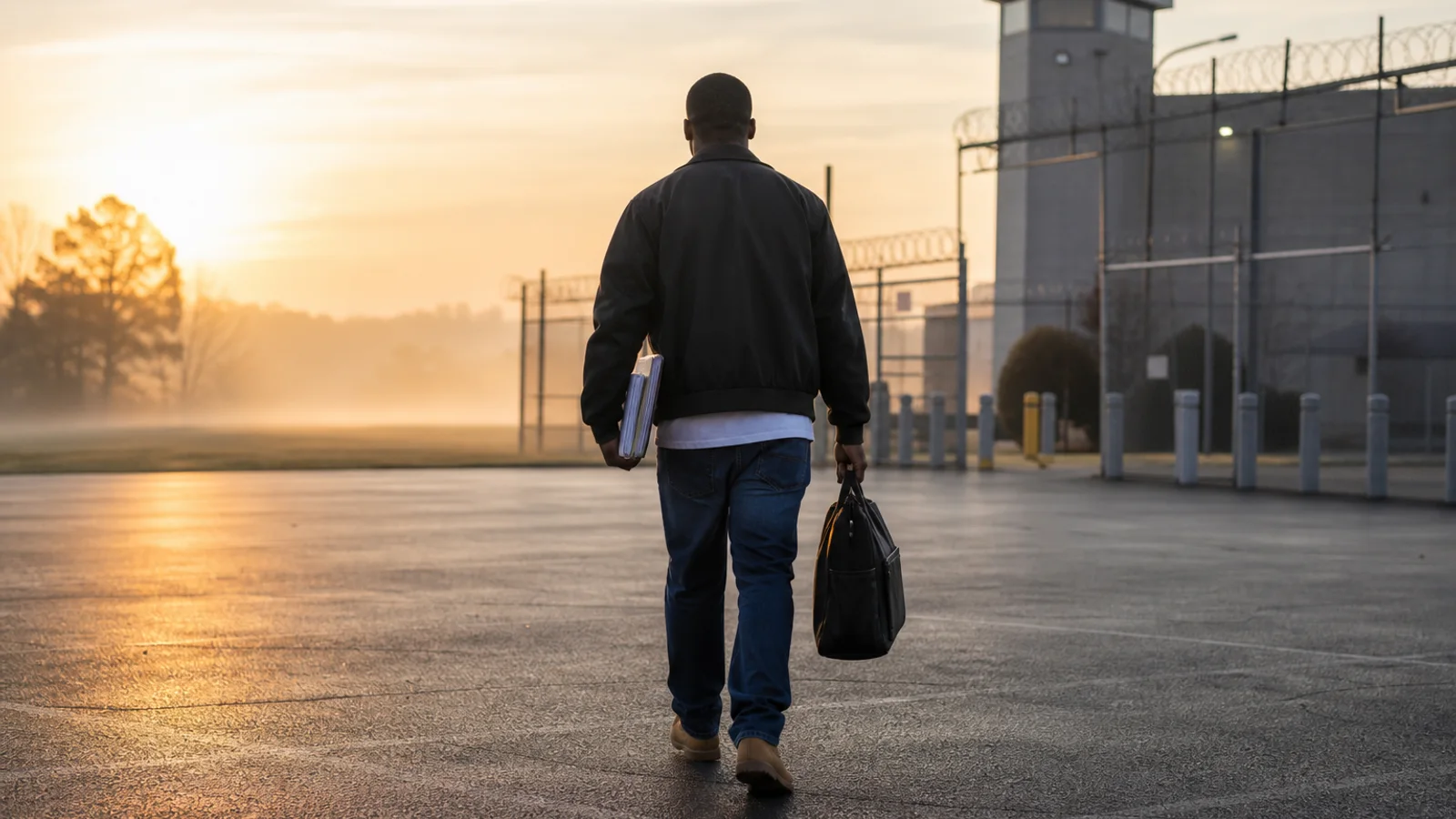 Person leaving a facility at dawn with a folder of documents: the first day of reentry.