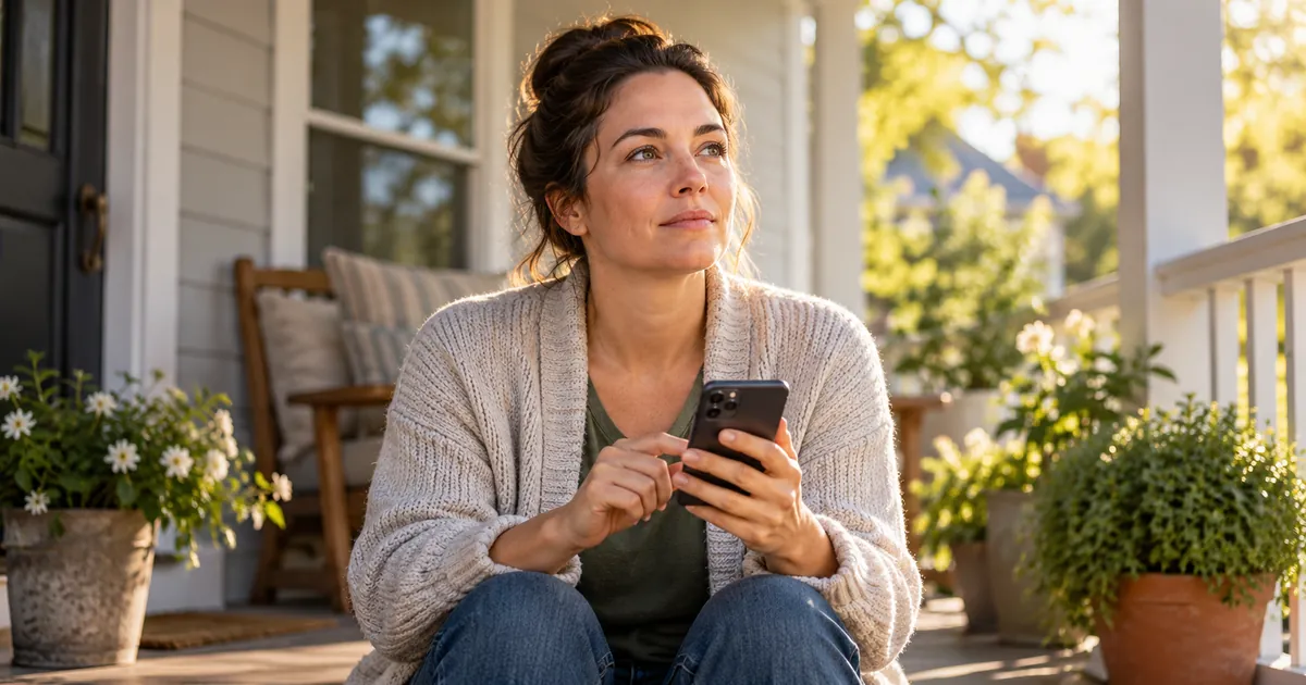 A woman in a knit cardigan sits on a sunlit front porch among potted flowers, holding a phone and looking ahead, about to make a call for help.