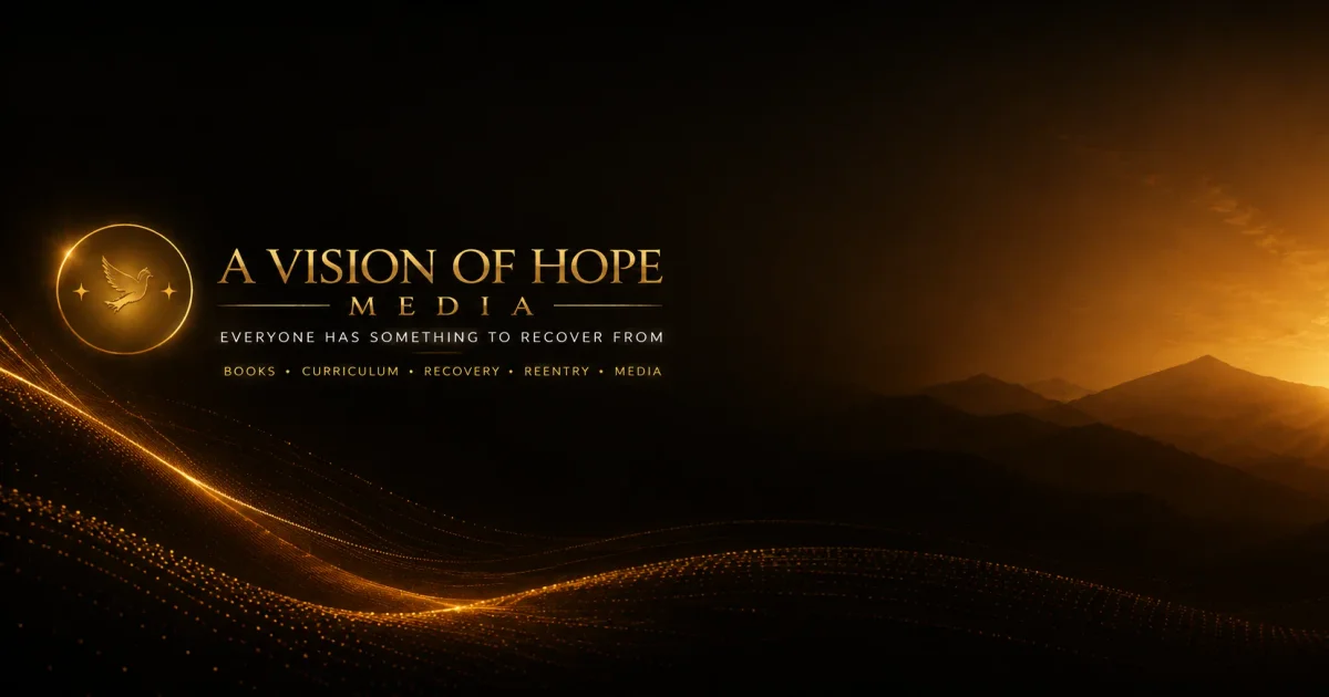 A Vision of Hope Media brand banner with a golden dove logo over mountain silhouettes and sunrise light.