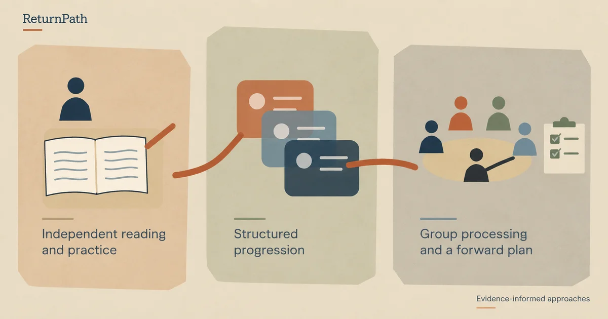 Illustration of the ReturnPath curriculum in three panels: independent reading and practice, structured progression, and group processing with a forward plan.