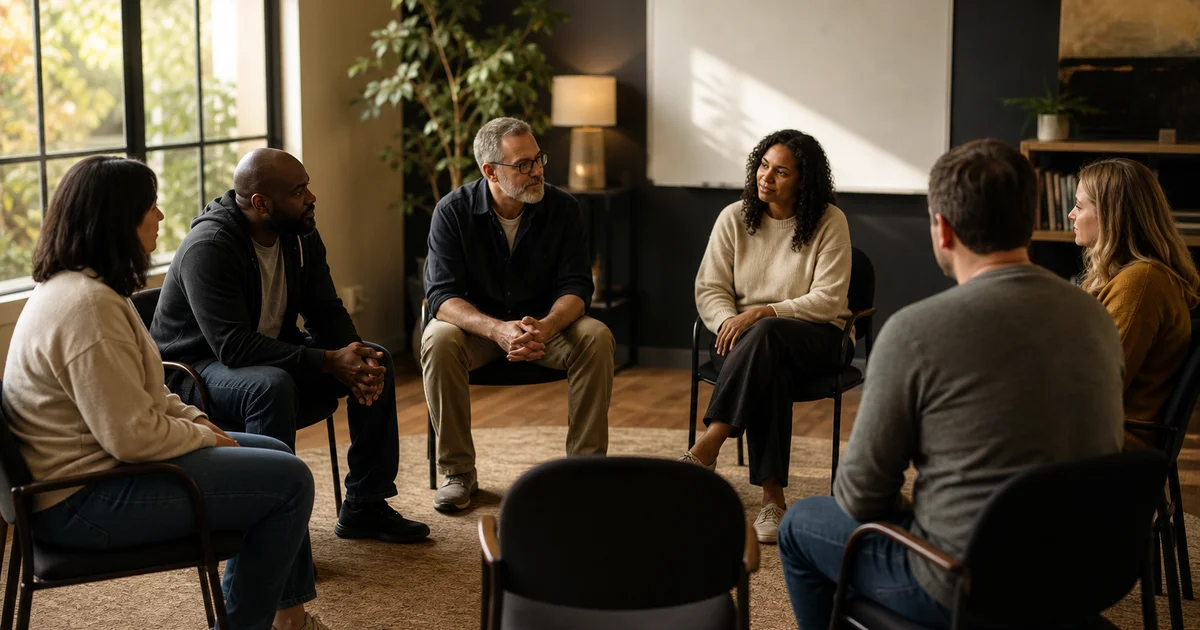 Seven people seated in a circle of chairs in a sunlit room during a group discussion.
