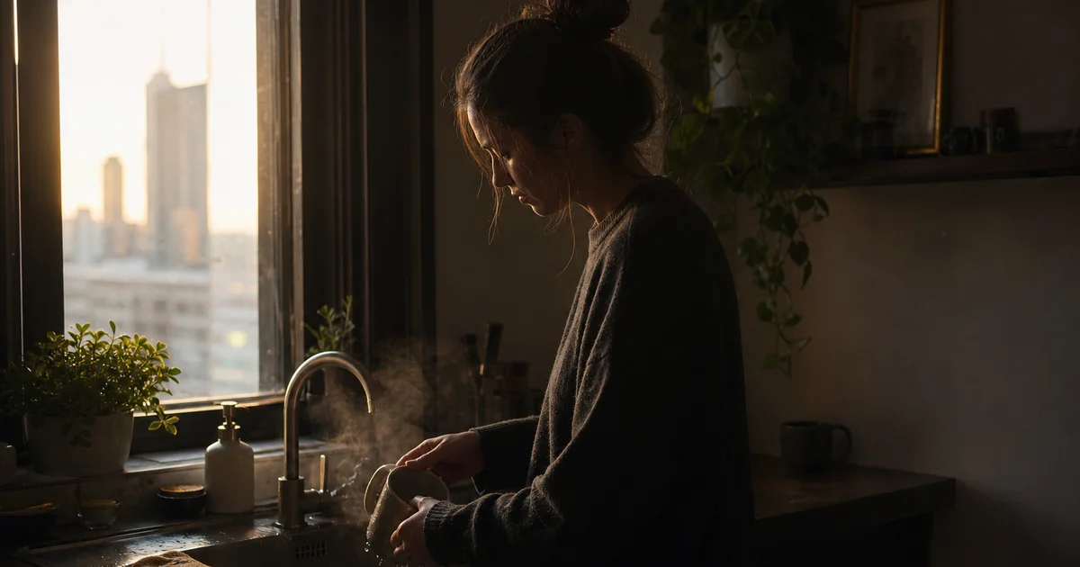 Woman in a dark sweater rinses a mug at a kitchen sink with steam rising and a city skyline outside the window.