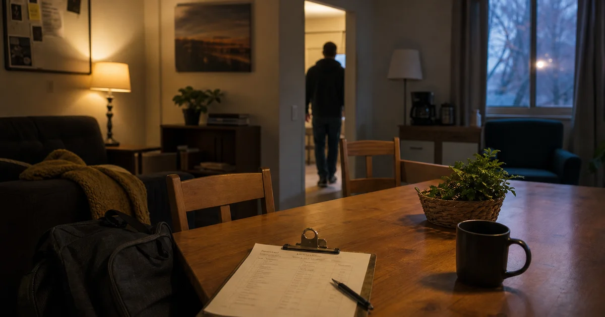 Clipboard with a form and pen on a wooden table in a dim living room, with a person walking through a doorway beyond.