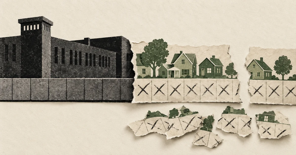 Paper-cut illustration of a prison wall on the left and a torn strip of houses above calendar squares marked with X's, with pieces of the strip falling away.